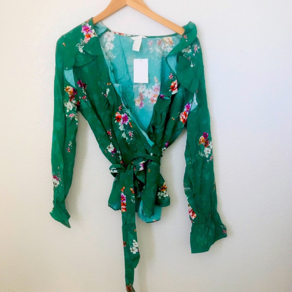 H&M 14 Floral Wrap Top Green